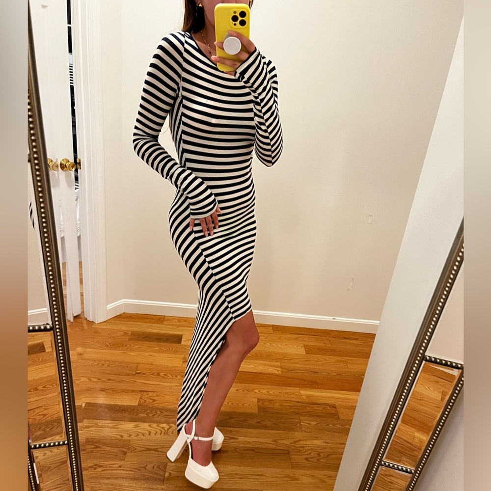 Navy Blue/White Striped Dress Long Sleeve